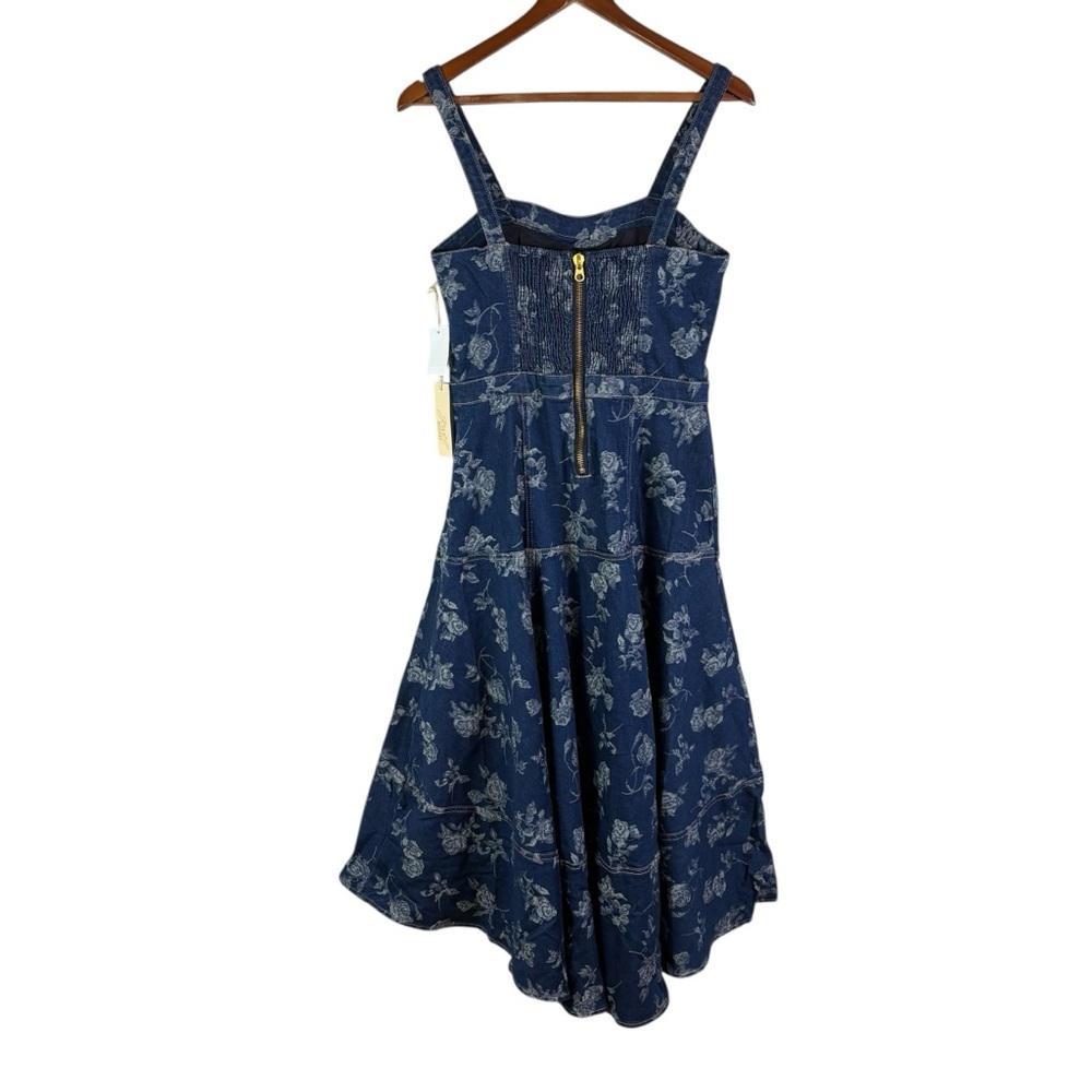 NWT Jewel Badgley Mischka Rose Print High Low Denim Dress Size 8 Dark Blue - Picture 7 of 15